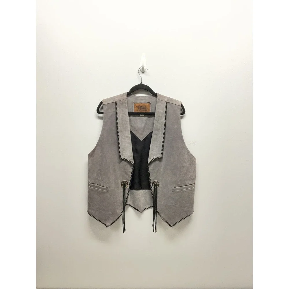 Wild Mountain Leather Mens Grey Suede Western Whipstitch Concho Vest Size 42